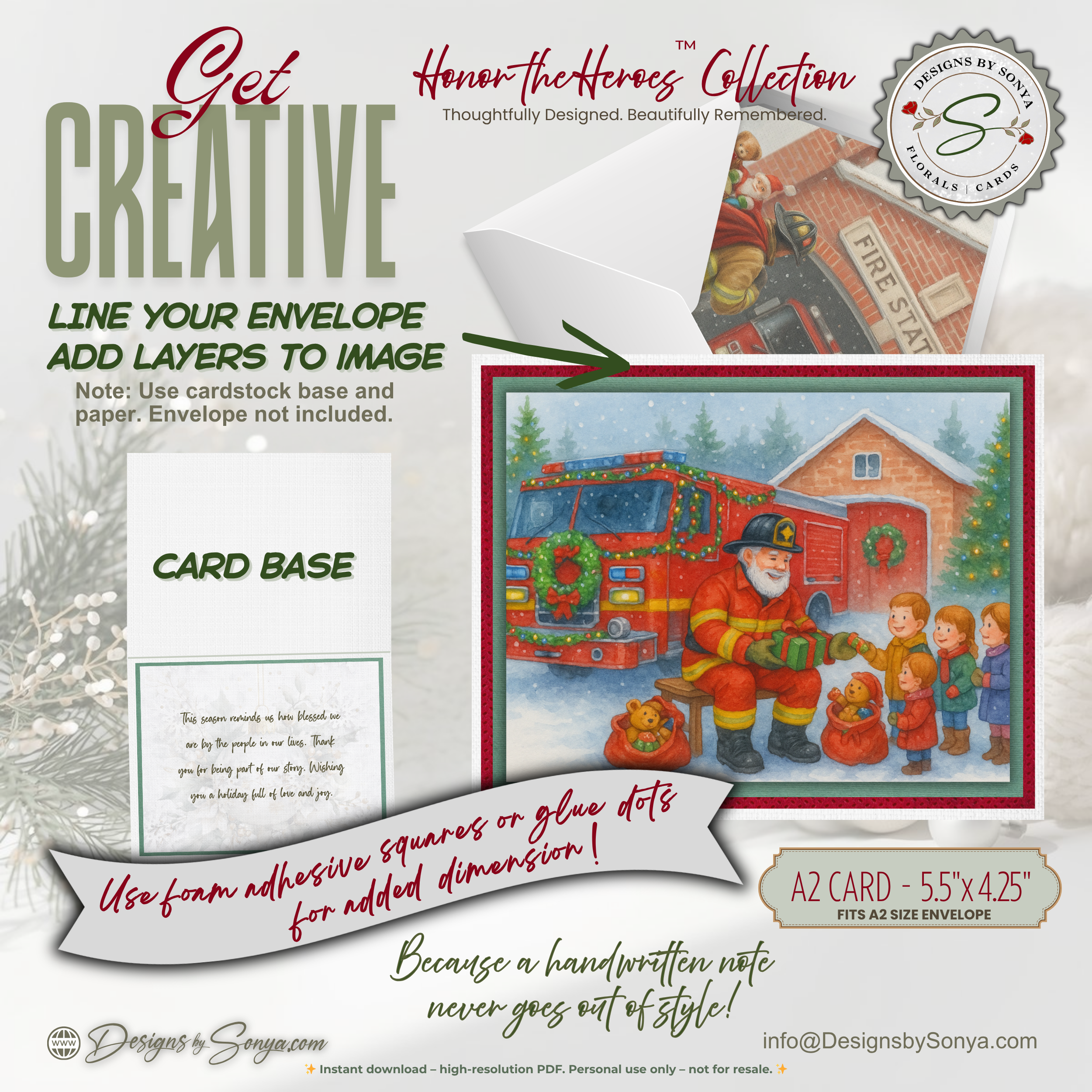 Fireman Santa Printable Christmas Card • A2 (5.5”x4.25”) • Watercolor Firetruck Scene with Kids, Gifts & Holiday Cheer