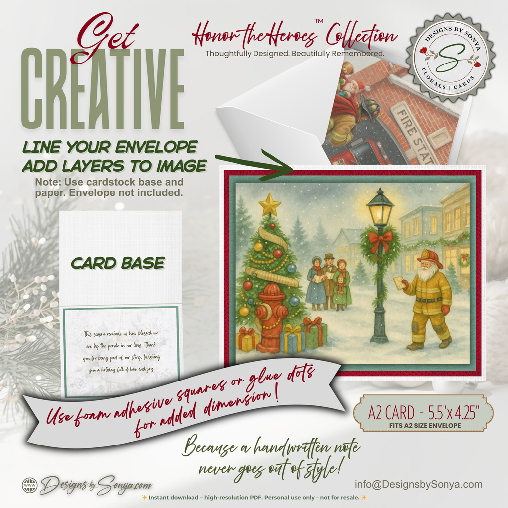Printable Fireman Santa Christmas Card, Firefighter Holiday Greeting, A2 (5.5”x4.25”), First Responder Gift, Carolers & Decorated Tree Scene