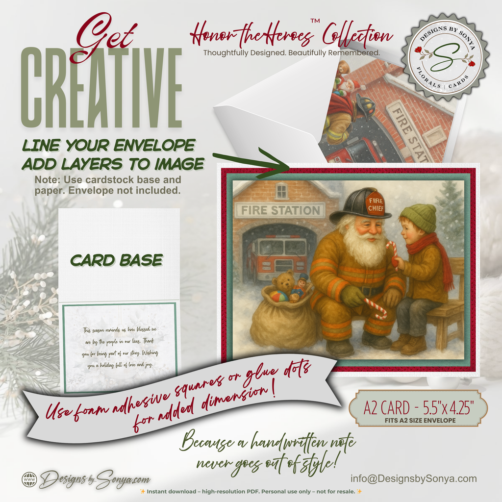 Fireman Santa Printable Christmas Card • A2 (5.5”x4.25”) • Fire Station Scene with Child & Candy Cane, Watercolor Holiday Art