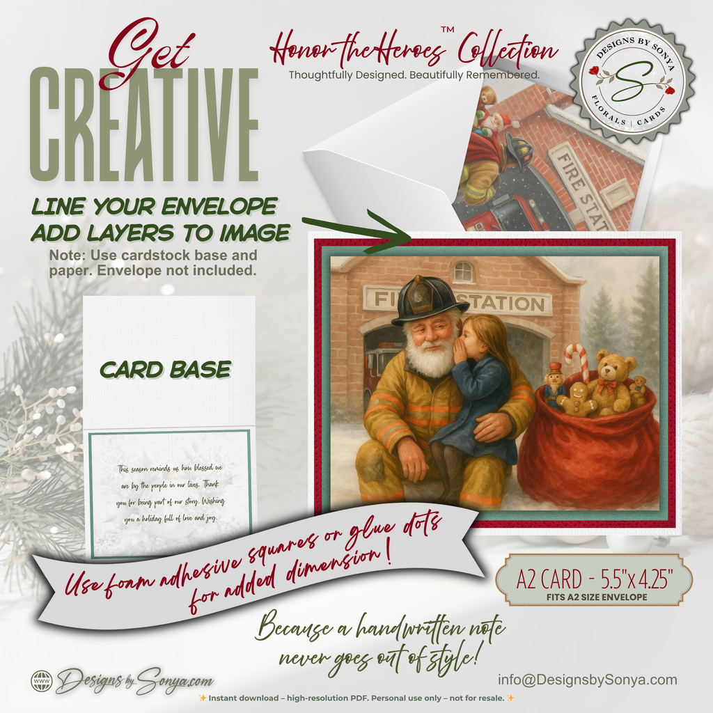 Fireman Santa Printable Christmas Card • A2 (5.5”x4.25”) • Whispering Child, Fire Station Scene, Watercolor First Responder Holiday Art