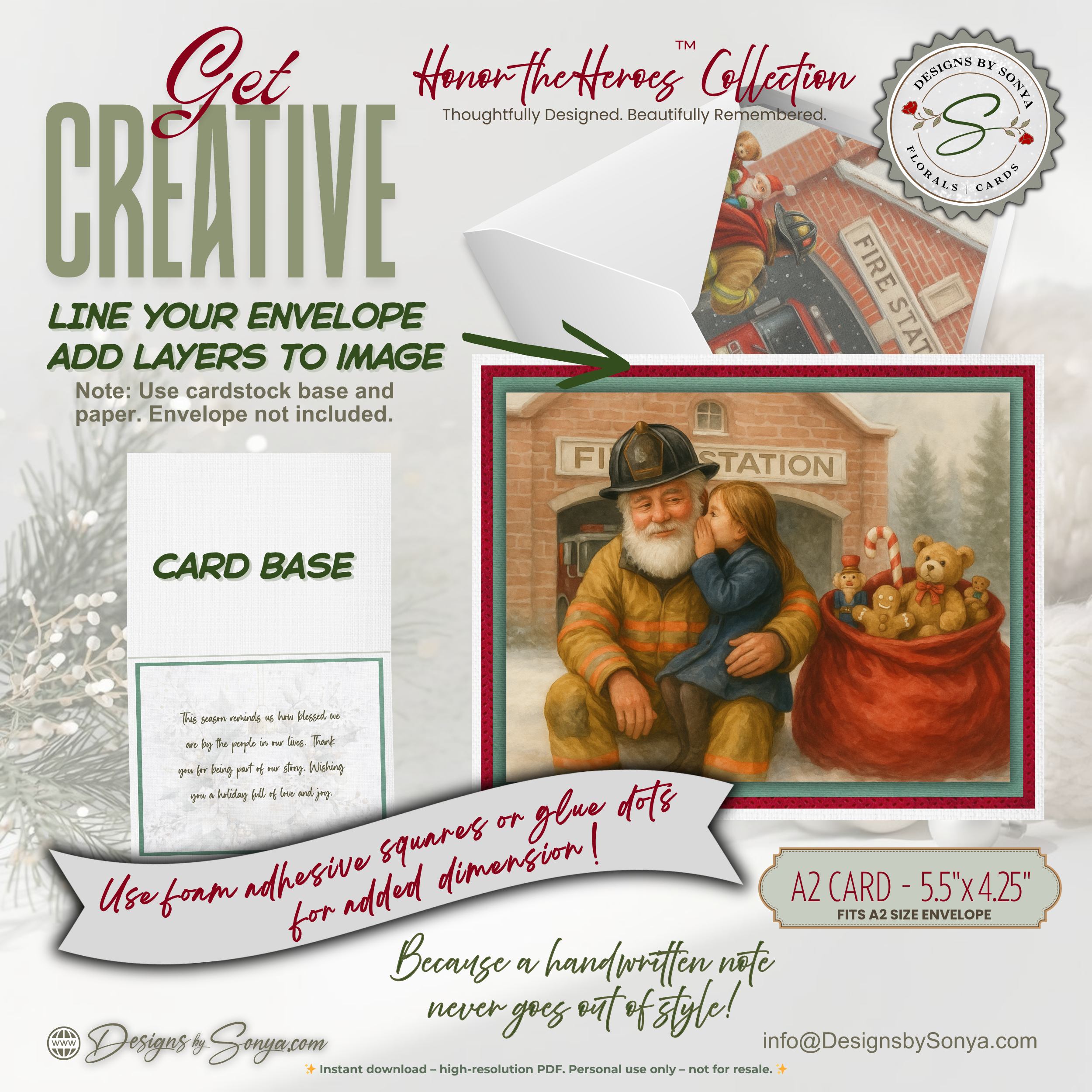 Fireman Santa Printable Christmas Card • A2 (5.5”x4.25”) • Whispering Child, Fire Station Scene, Watercolor First Responder Holiday Art