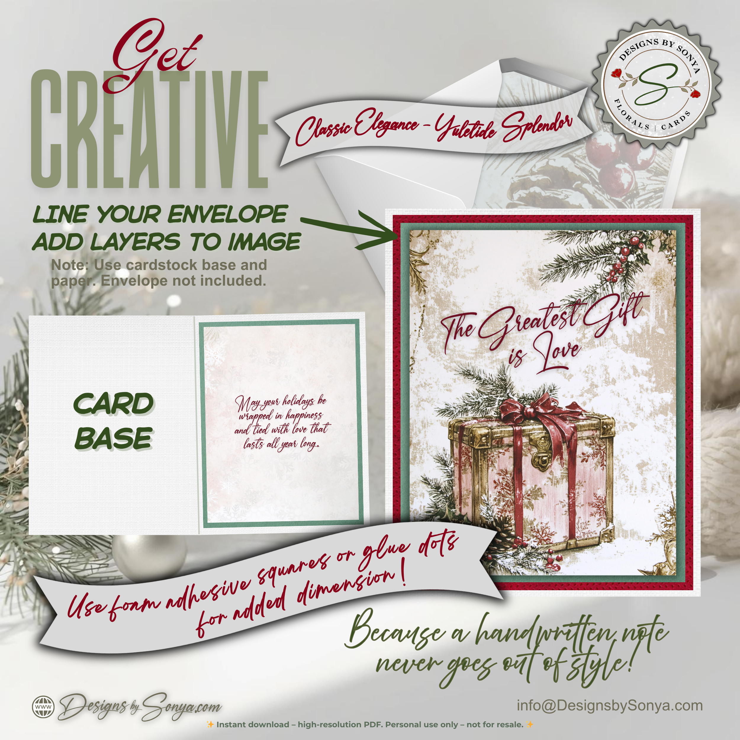 The "Greatest Gift Is Love" Card | Vintage Christmas Printable | Elegant Holiday Note Card | A2 (4.25x5.5) Folded Card | Digital Download