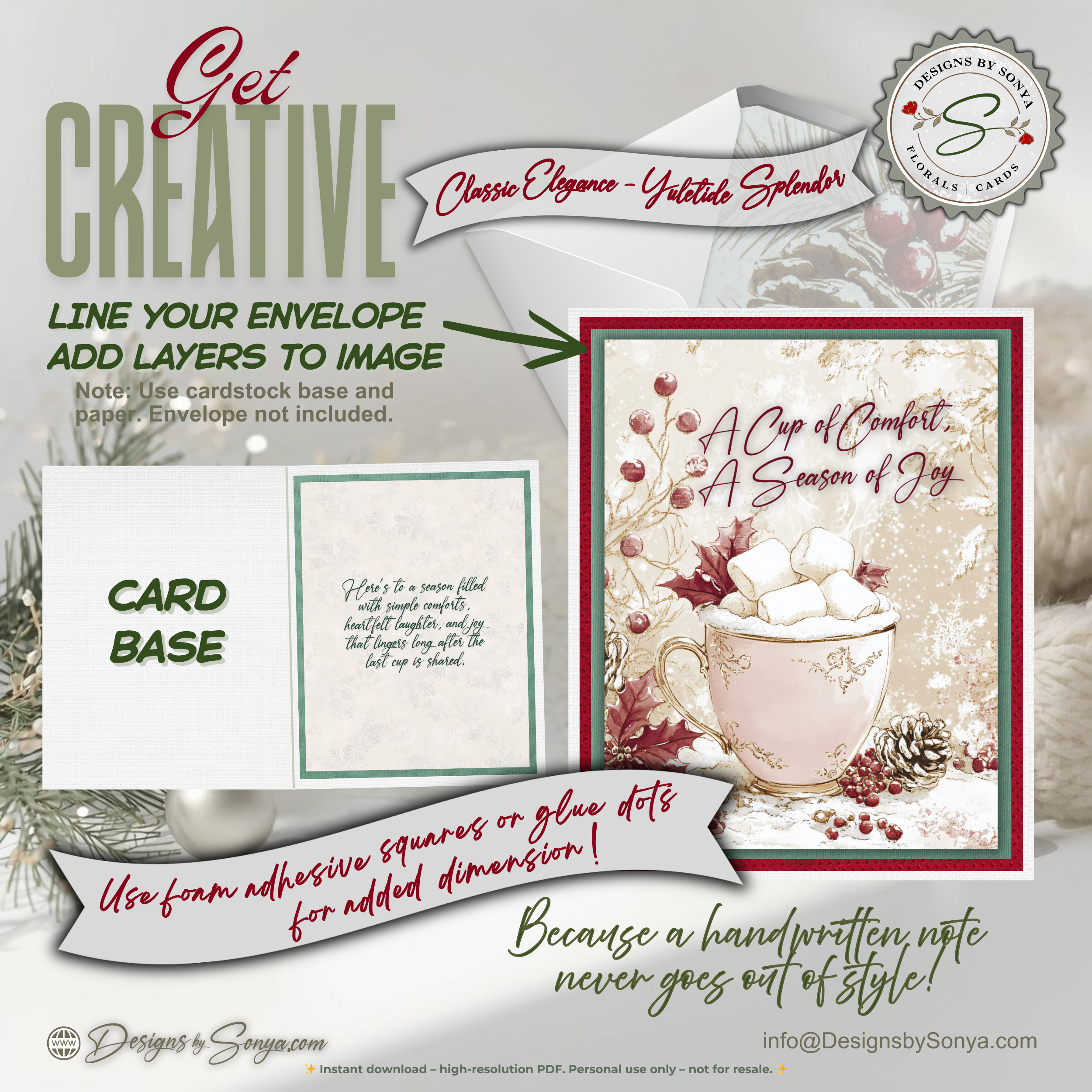 Vintage Hot Cocoa Christmas Printable Card • A2 (4.25" x 5.5") Folded Holiday Greeting Note Card • Winter Mug Art • Christmas Stationery