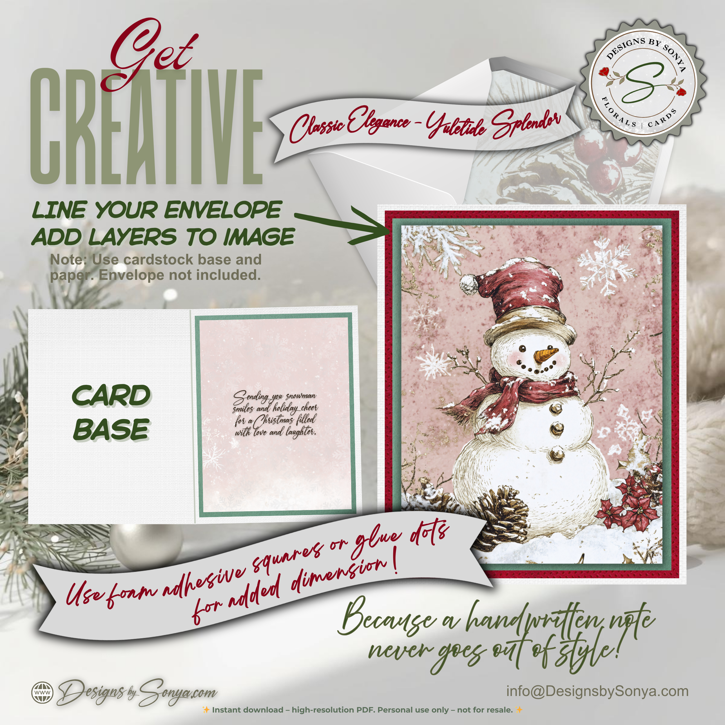 Vintage Snowman Christmas Printable Card • A2 (4.25" x 5.5") Folded Holiday Greeting Note Card • Winter Snowflake Art • Christmas Stationery