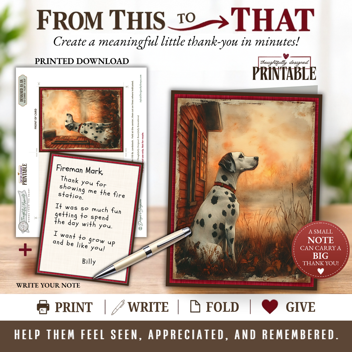 Printable Firefighter Thank You Card | A2 Dalmatian Firehouse Dog Card | Fire Department & First Responder Appreciation