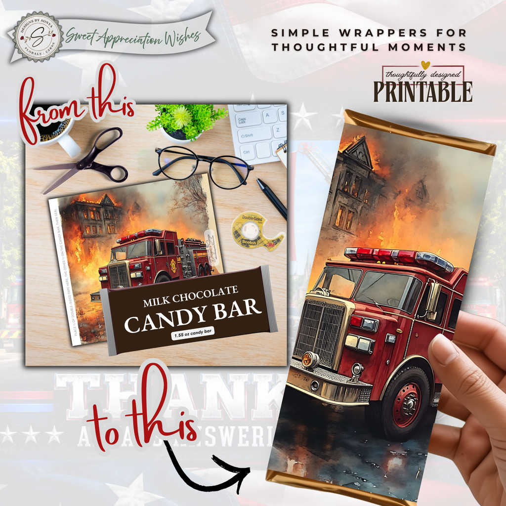 Printable Firefighter Candy Bar Wrapper | Fire Truck & Fire Rescue Appreciation Gift | 1.55 oz Chocolate Bar