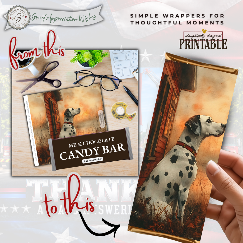 Printable Firefighter Appreciation Candy Bar Wrapper | Dalmatian Firehouse Thank You Gift