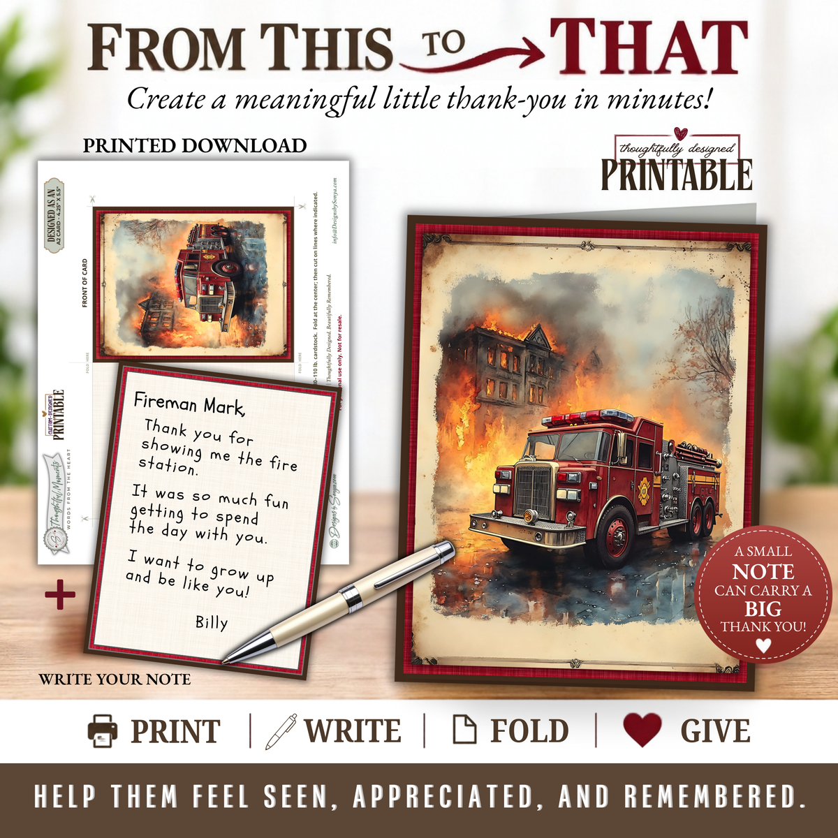 Printable Firefighter Thank You Card | A2 Fire Truck Appreciation Card | Fire Department & First Responder Card