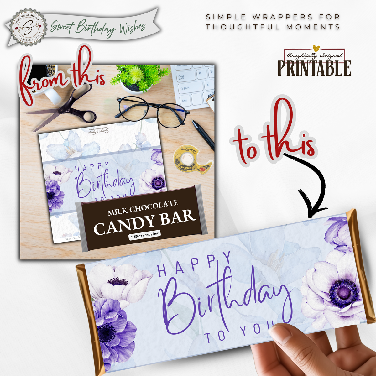 Printable Happy Birthday Candy Bar Wrapper, Blue & Purple Floral 1.55 oz Chocolate Bar Wrap, Birthday Gift for Her, Mom, Grandma & Friend