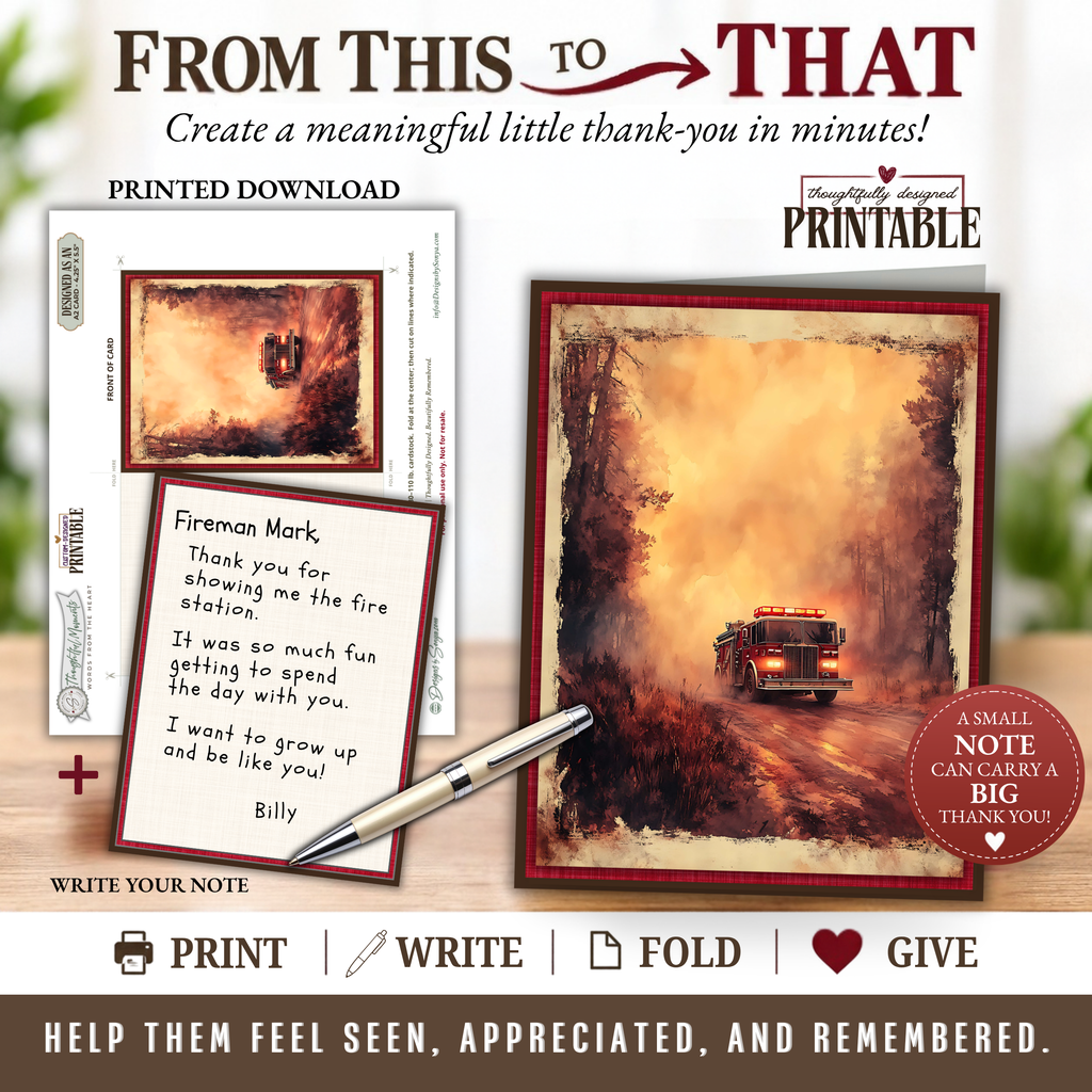 Printable Firefighter Appreciation Card | A2 First Responder Thank You Card | Fire Department & Fire Crew Card