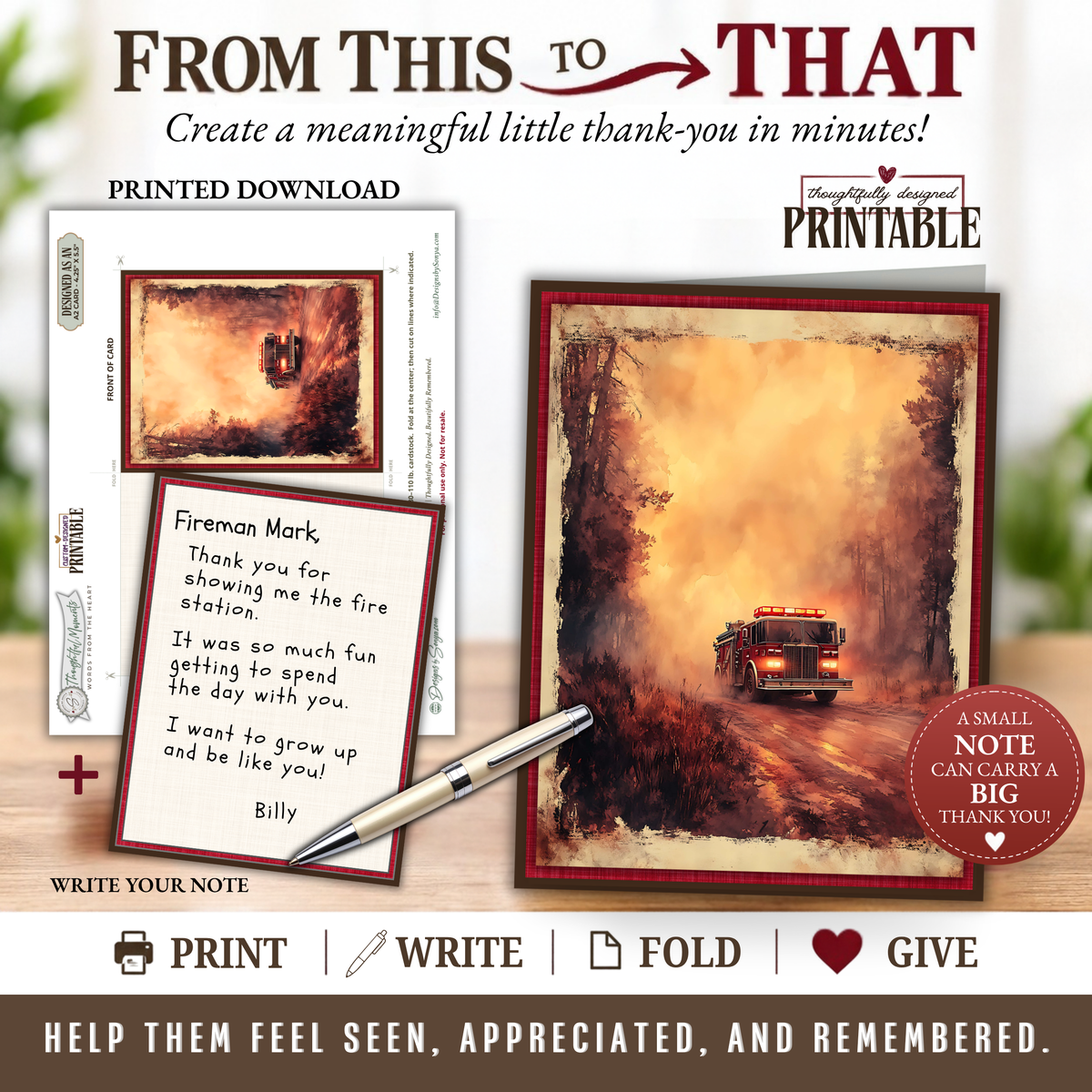 Printable Firefighter Appreciation Card | A2 First Responder Thank You Card | Fire Department & Fire Crew Card