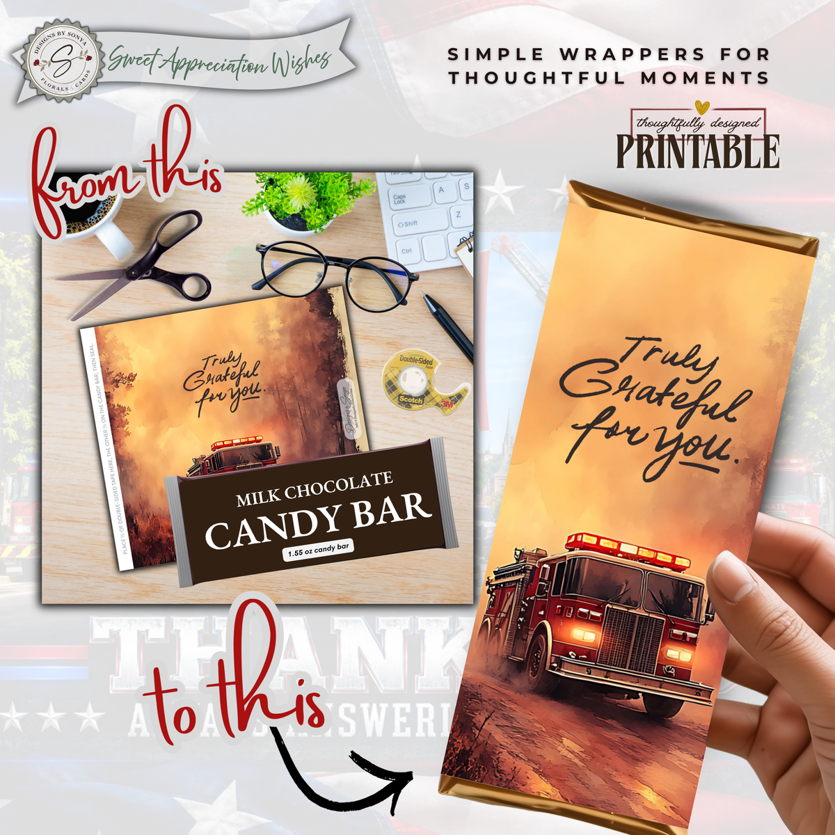 Printable Fire Truck Candy Bar Wrapper | Truly Grateful for You Firefighter Appreciation Gift | 1.55 oz Chocolate Bar