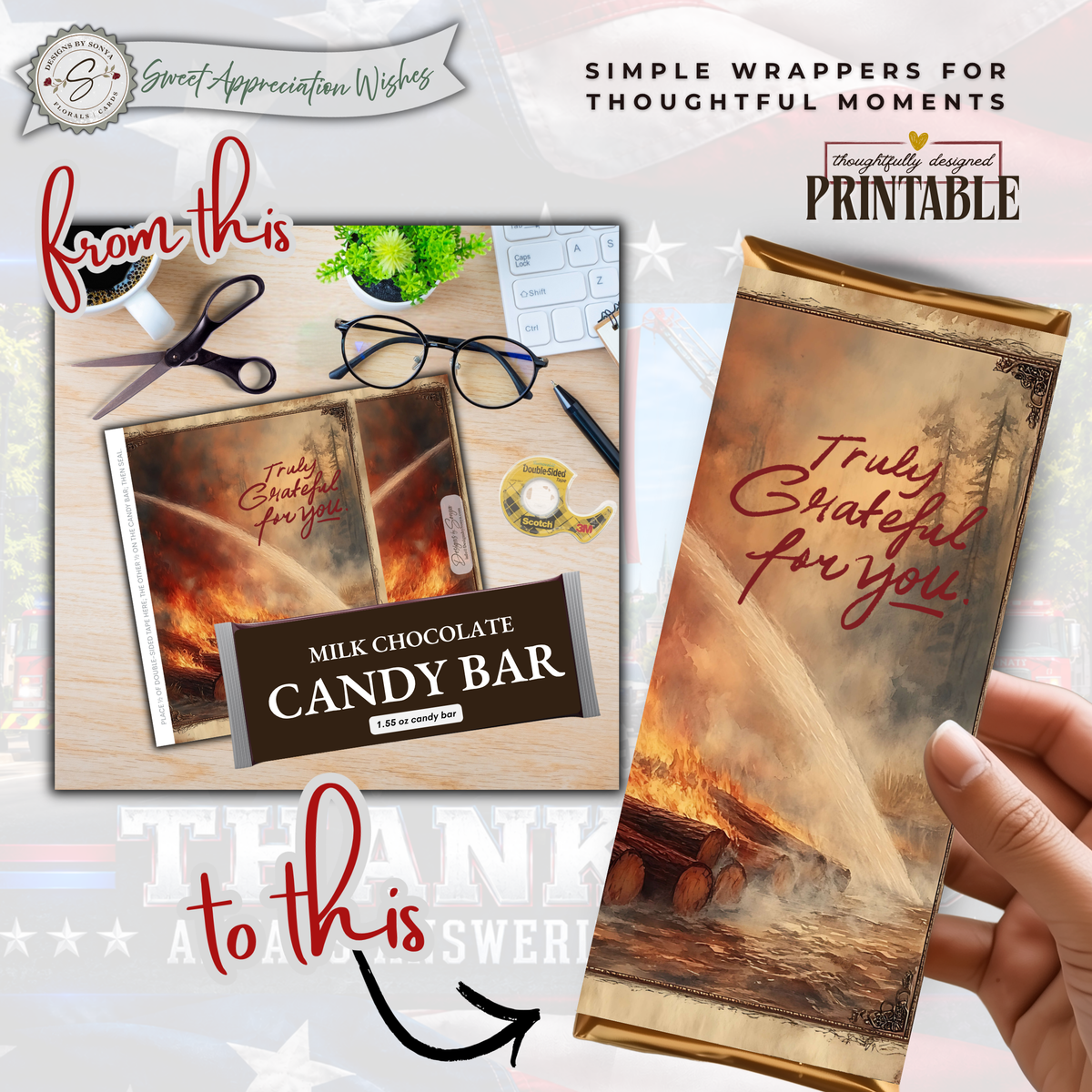 Truly Grateful for You Firefighter Candy Bar Wrapper | Printable Firefighter Thank You Gift | 1.55 oz Chocolate Bar