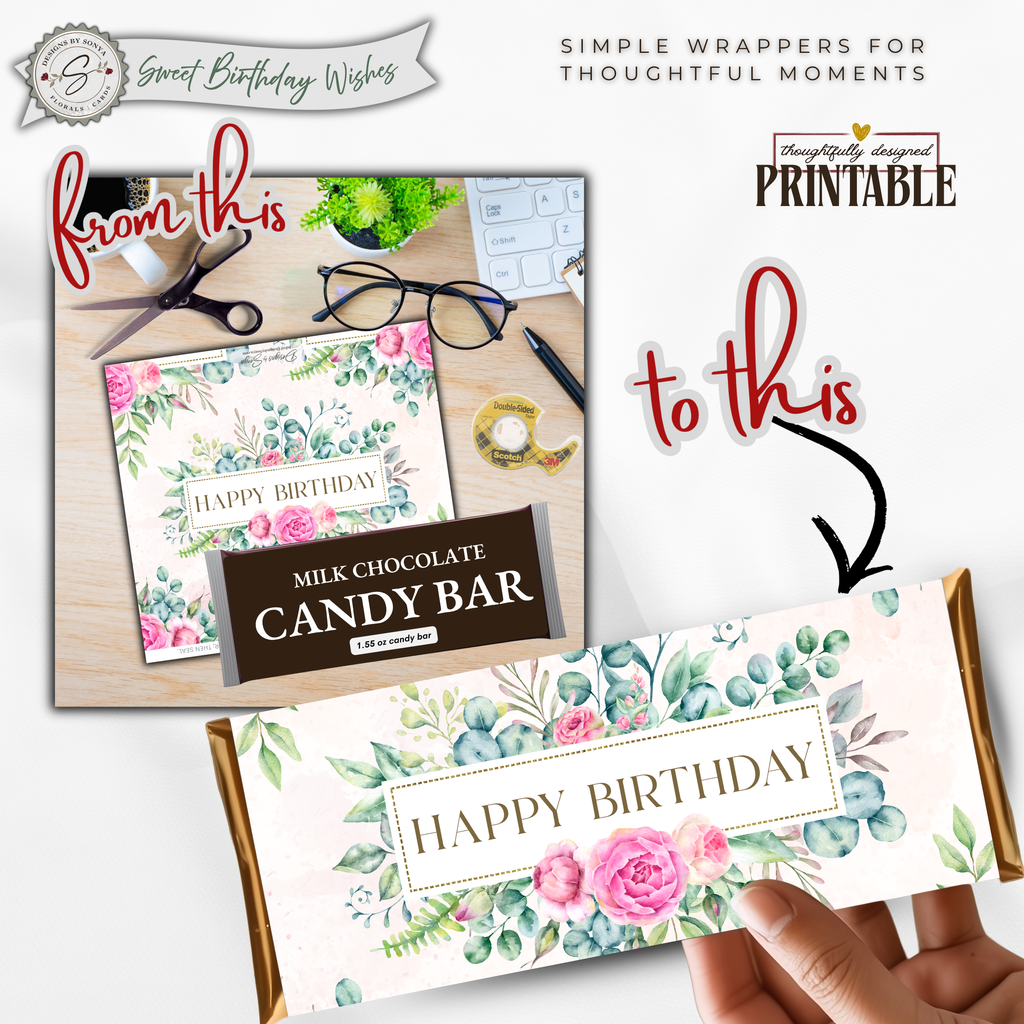 Printable Happy Birthday Candy Bar Wrapper, Pink Rose & Eucalyptus Floral 1.55 oz Chocolate Bar Wrap, Birthday Gift for Her