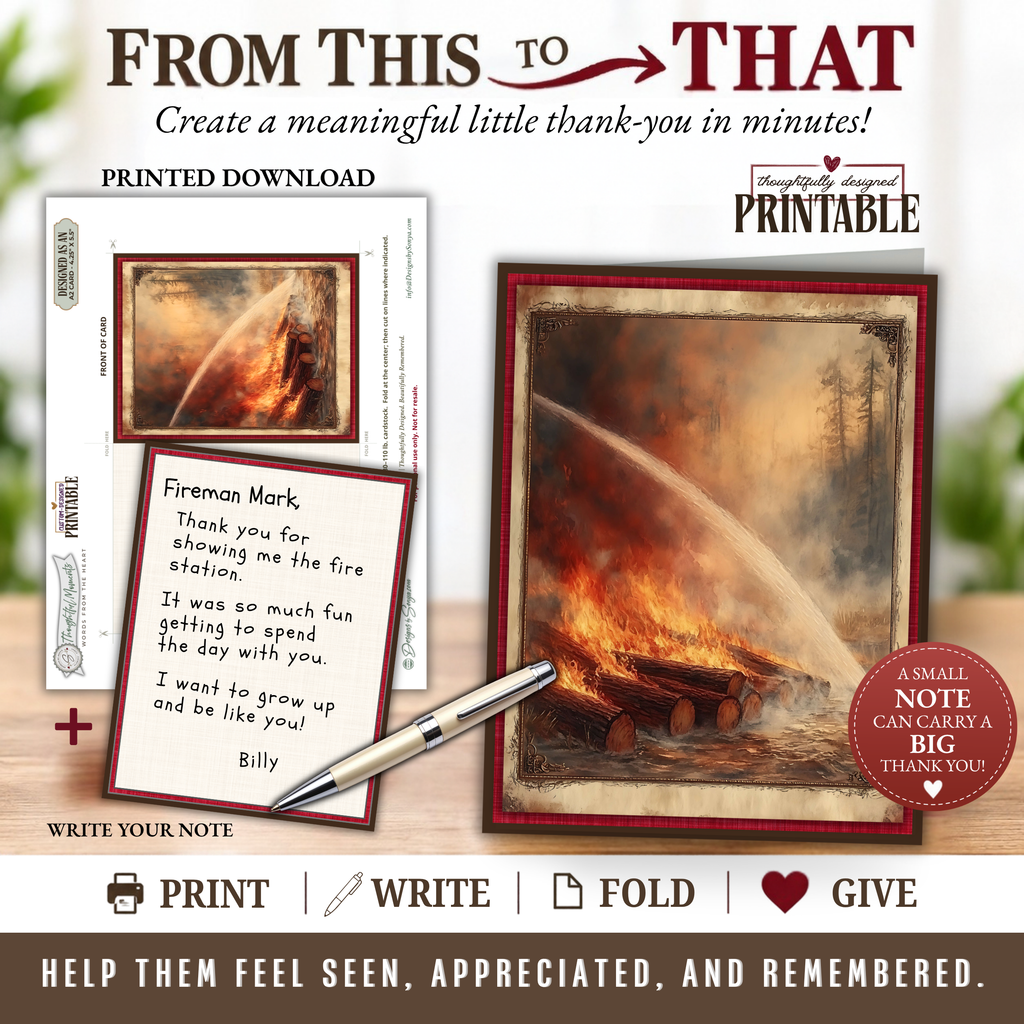Printable Wildfire Firefighter Thank You Card | A2 Wildland Firefighter Appreciation Card | Fire Crew & First Responder Card
