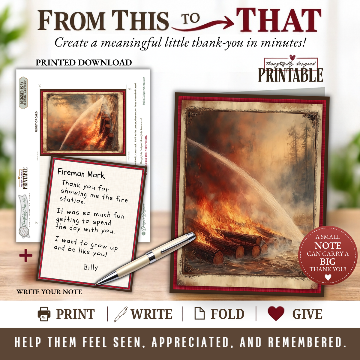 Printable Wildfire Firefighter Thank You Card | A2 Wildland Firefighter Appreciation Card | Fire Crew & First Responder Card