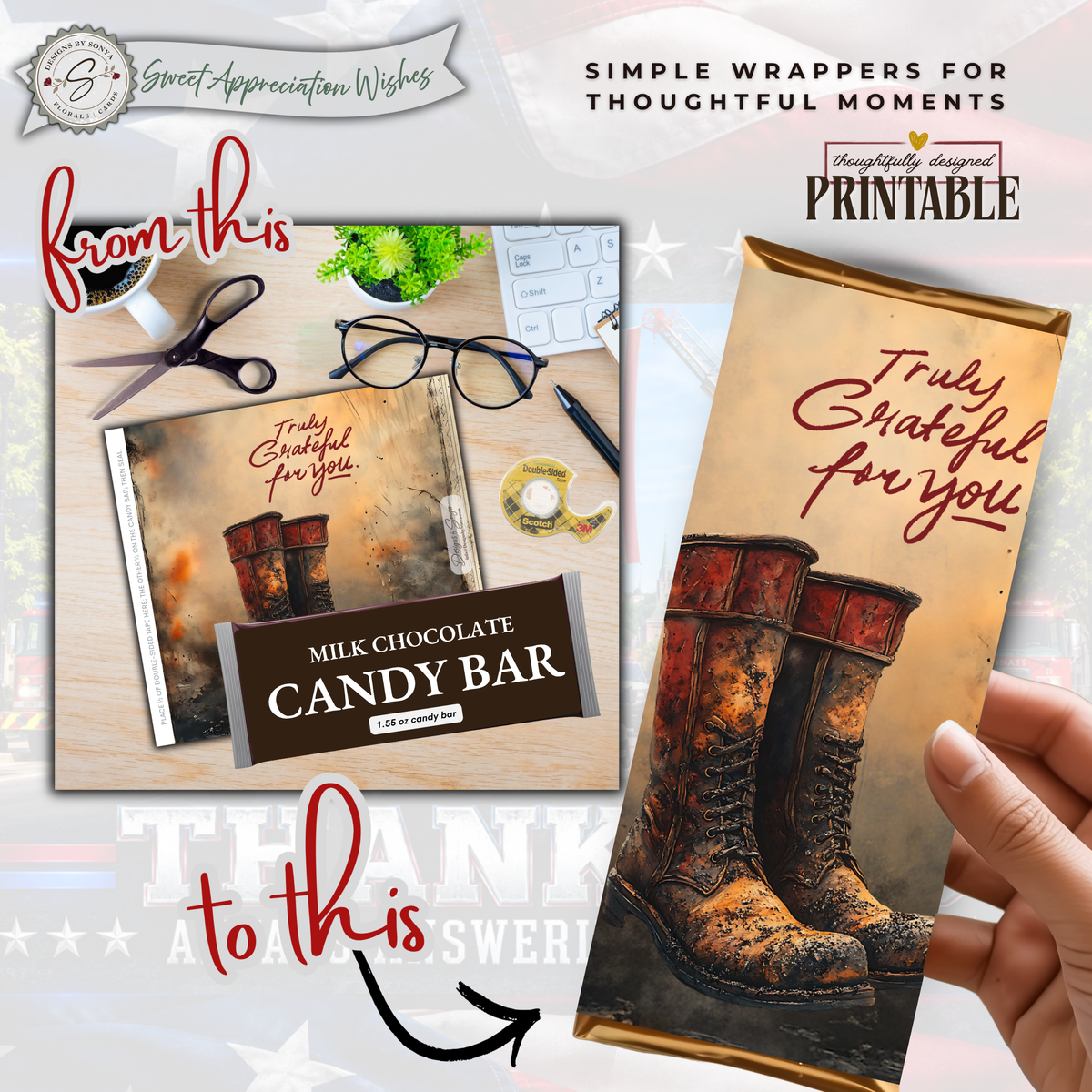 Truly Grateful for You Firefighter Candy Bar Wrapper | Printable Firefighter Appreciation Gift