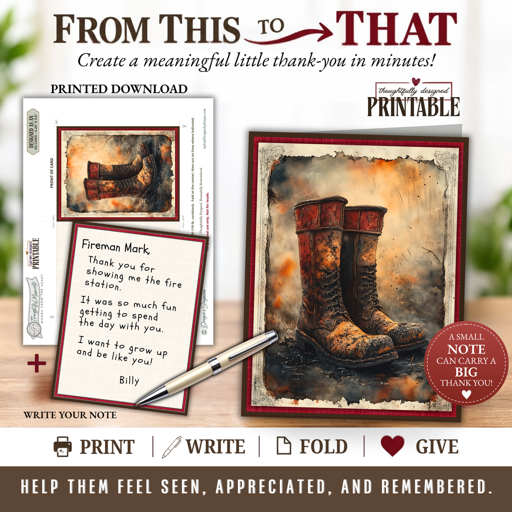 Printable Firefighter Thank You Card | A2 Firefighter Boots Card | Fire Department & First Responder Appreciation