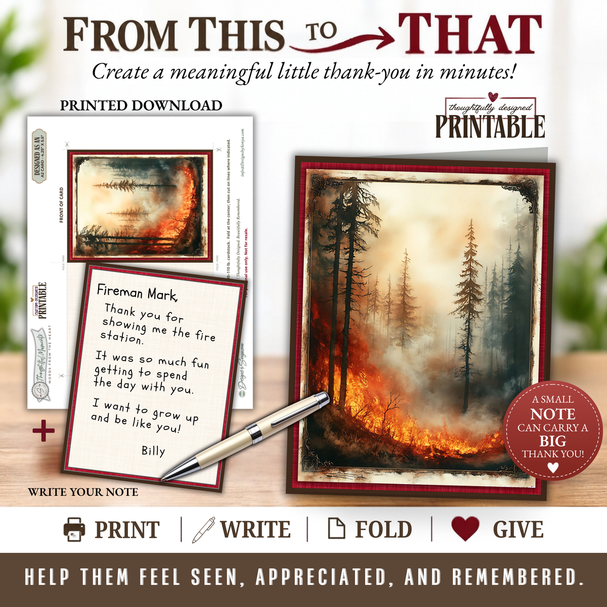Printable Wildland Firefighter Thank You Card | A2 Wildfire Appreciation Card | Forest Fire & First Responder Card