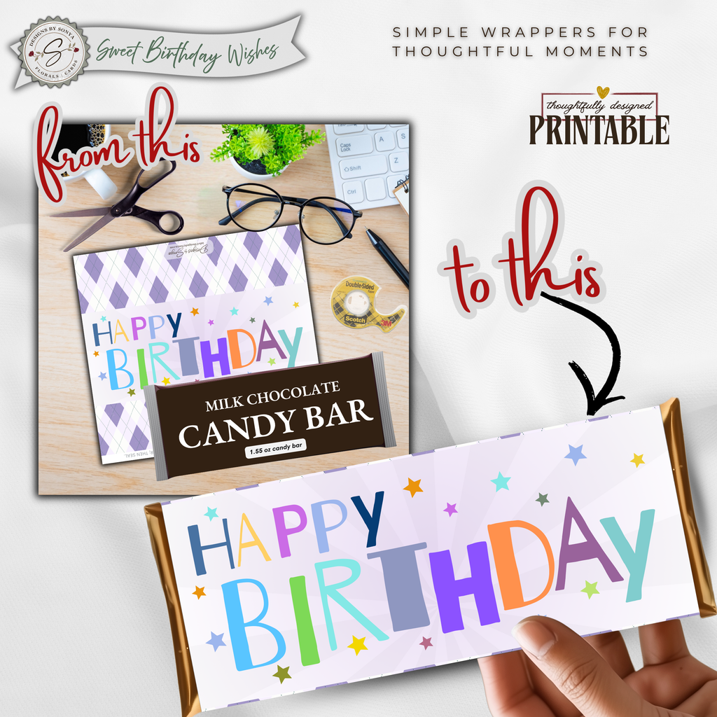 Happy Birthday Candy Bar Wrapper | Printable Birthday Party Favor | 1.55 oz Chocolate Bar