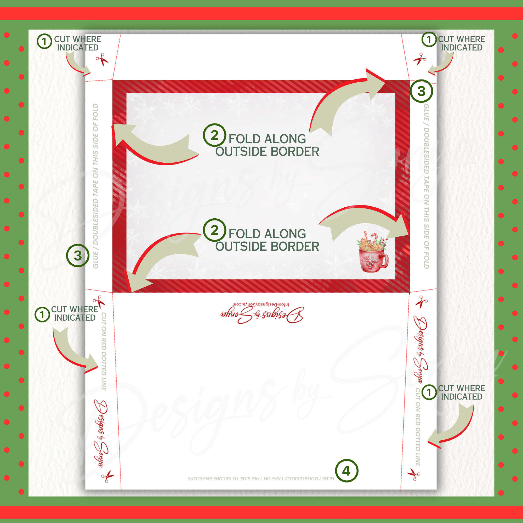 Envelope Assembly Guide

Step-by-step fold and glue instructions for the matching envelope. Arrows indicate cut and fold lines around the red stripe border with mug art. Easy DIY assembly for holiday gift cards.
