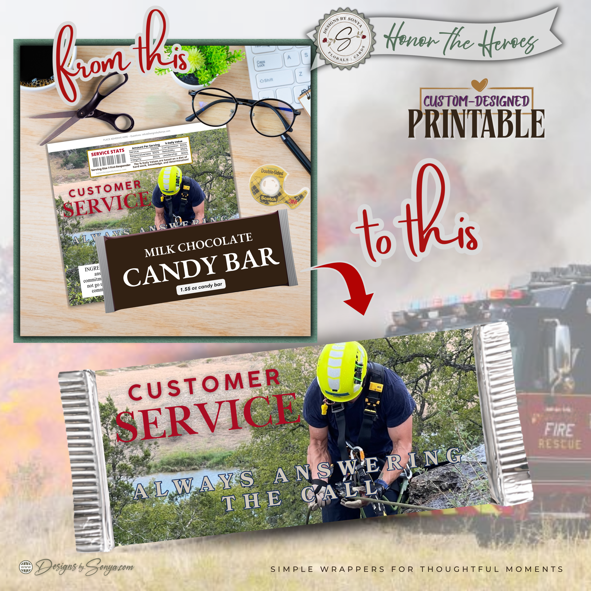 Honor the Heroes First Responder Candy Bar Wrapper Printable – Customer Service Always Answering the Call – Thank You Gift Favor – 1.55 oz Chocolate Bar