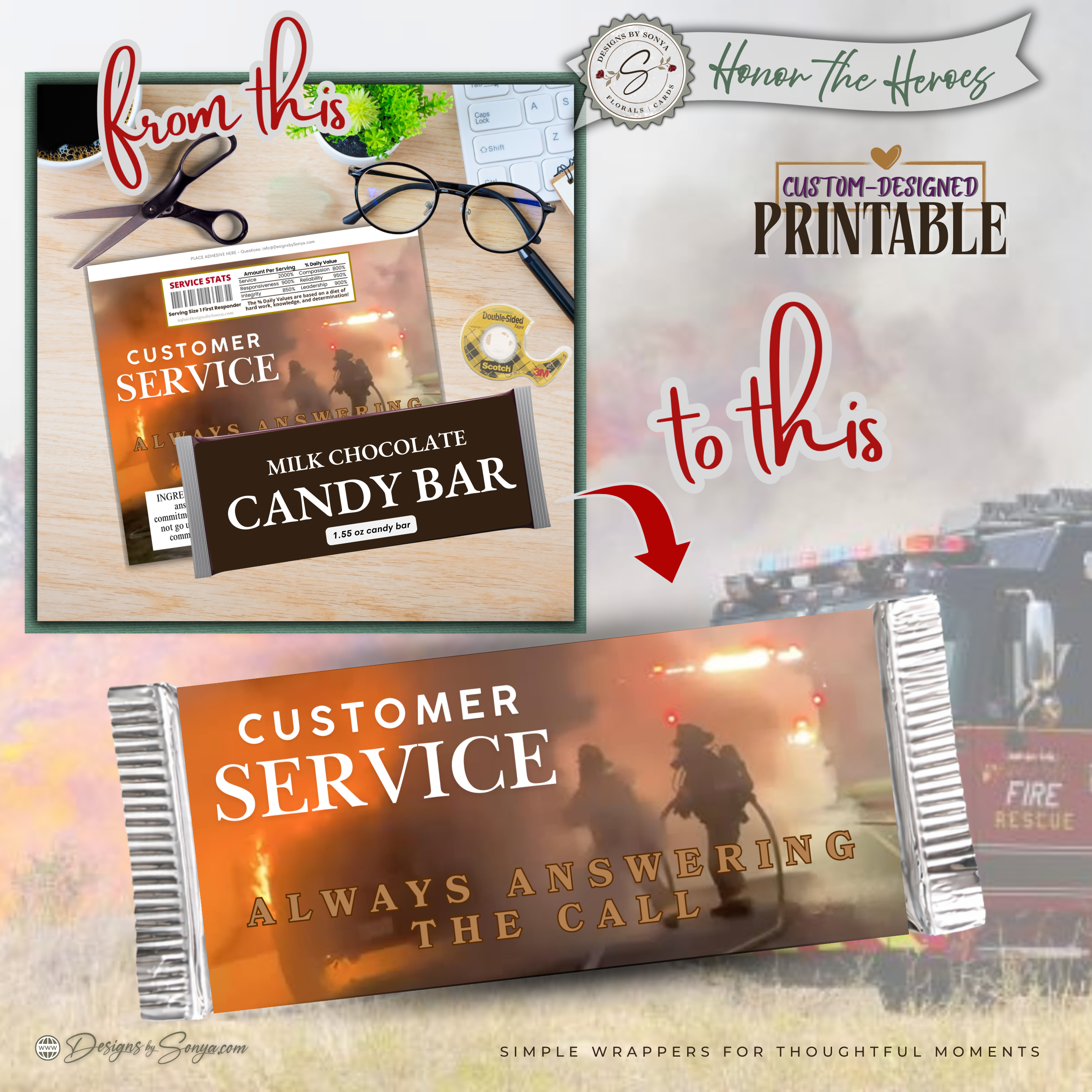 Customer Service First Responder Candy Bar Wrapper Printable – Honor the Heroes Thank You Gift – Firefighter EMS Police Appreciation - 1.55oz Chocolate Bar