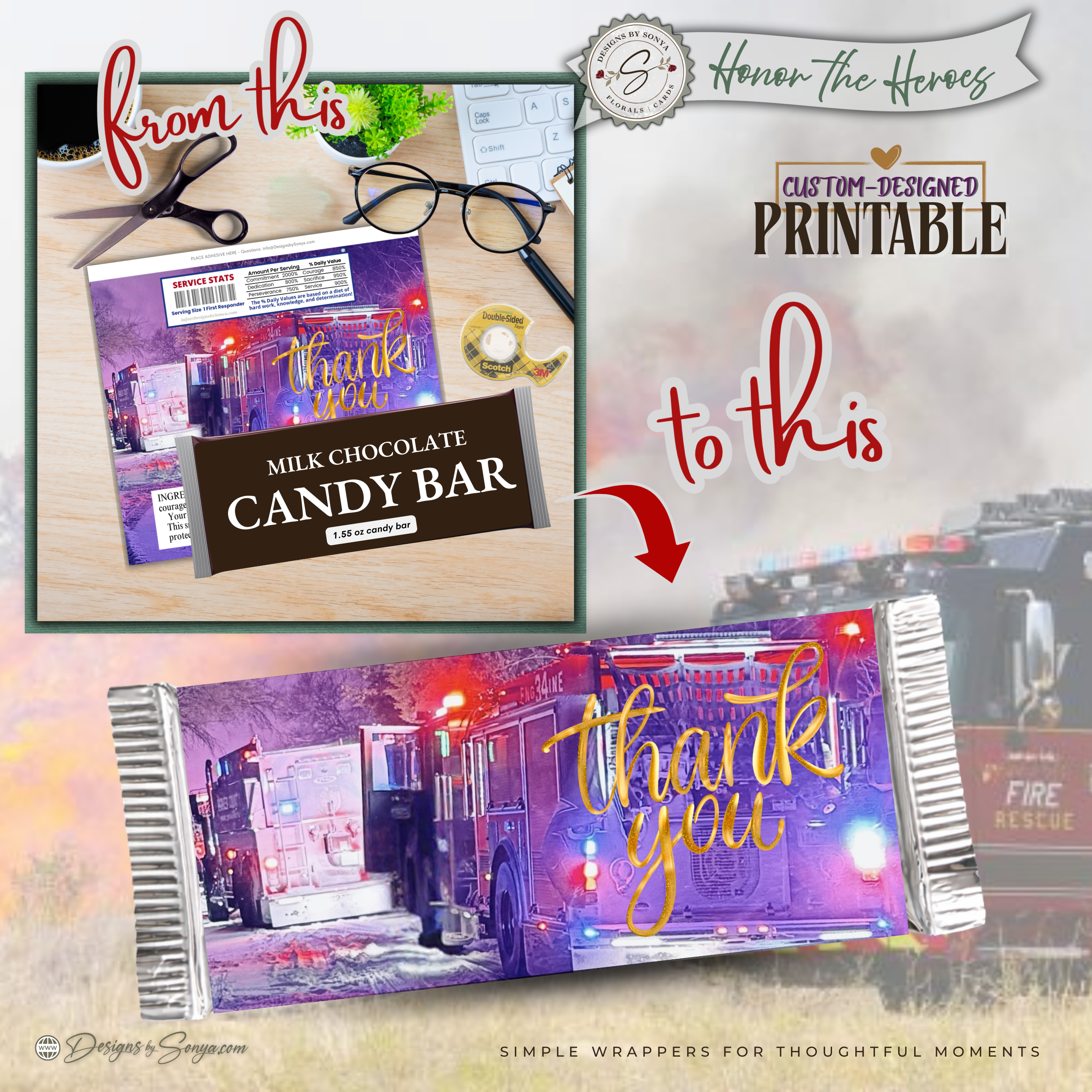 First Responder Candy Bar Wrapper Printable – Thank You Firefighter EMT Gift – Honor the Heroes Chocolate Wrapper – Fits 1.55 oz Candy Bar - Instant Download