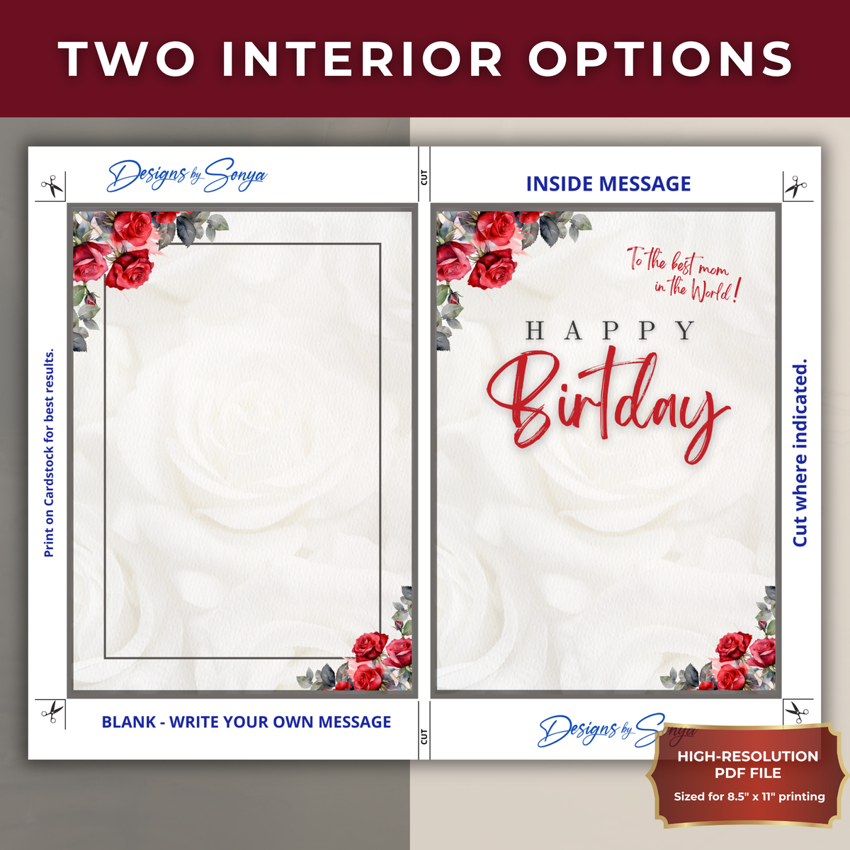Printable Birthday Card for Mom | Elegant Red Rose Floral Greeting Card | A Mother's Love | A7 5x7 PDF