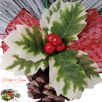 Close Detail of Holly Leaves & Berries
Macro close-up showing realistic faux holly leaves with variegated green and cream tones, accented with glossy red berry cluster.