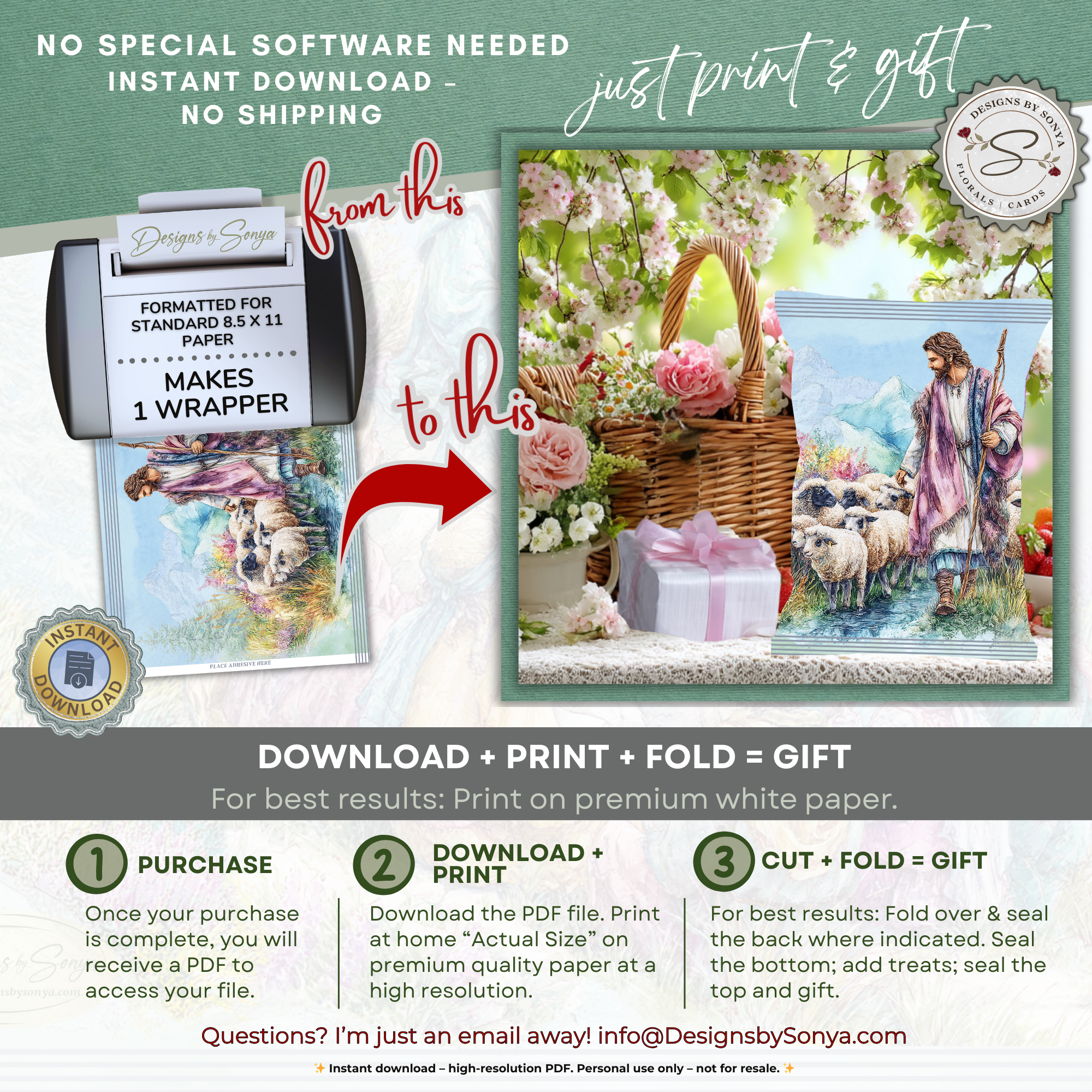 Jesus with Sheep, Good Shepherd Printable Chip Bag Wrapper – Christian Easter Basket Treat – Christian Church Party Favor,  Faith Gift