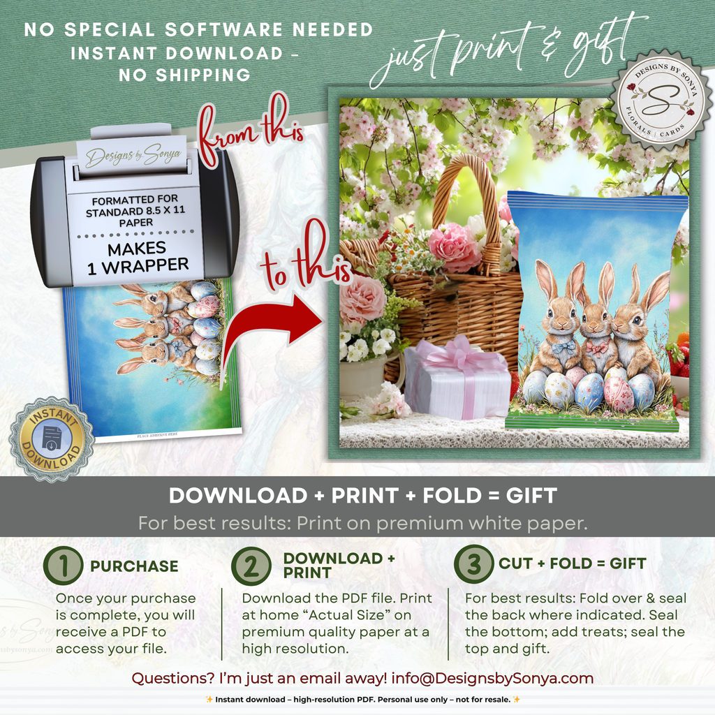 Easter Bunny Chip Bag Wrapper Printable, Rabbit Watercolor DIY Basket Gift, Classroom Party Favor, Teacher & Kids Easter Treat