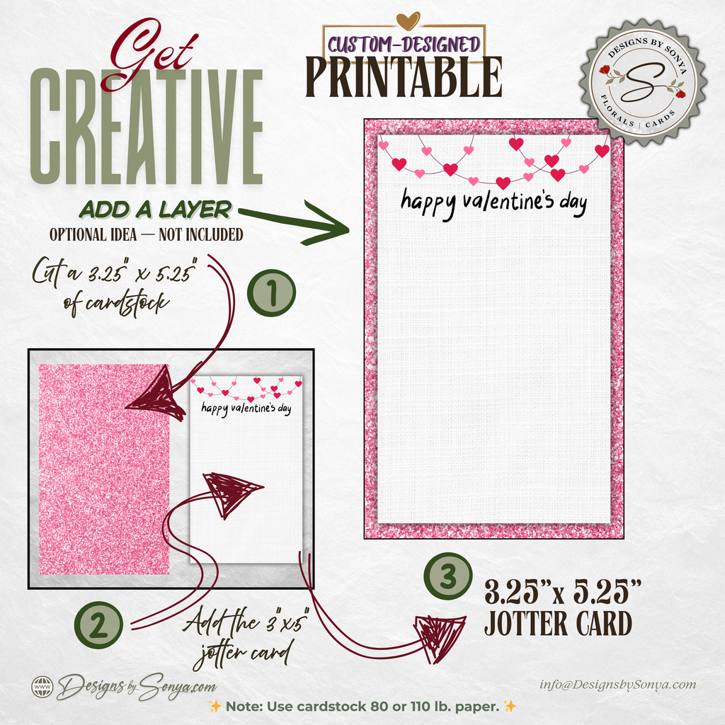 Set of 3 Valentine Thank You Card Printable – Happy Valentine’s Day 3 x 5 Jotter Card for Gift Enclosures, Small Gifts, and Thoughtful Notes