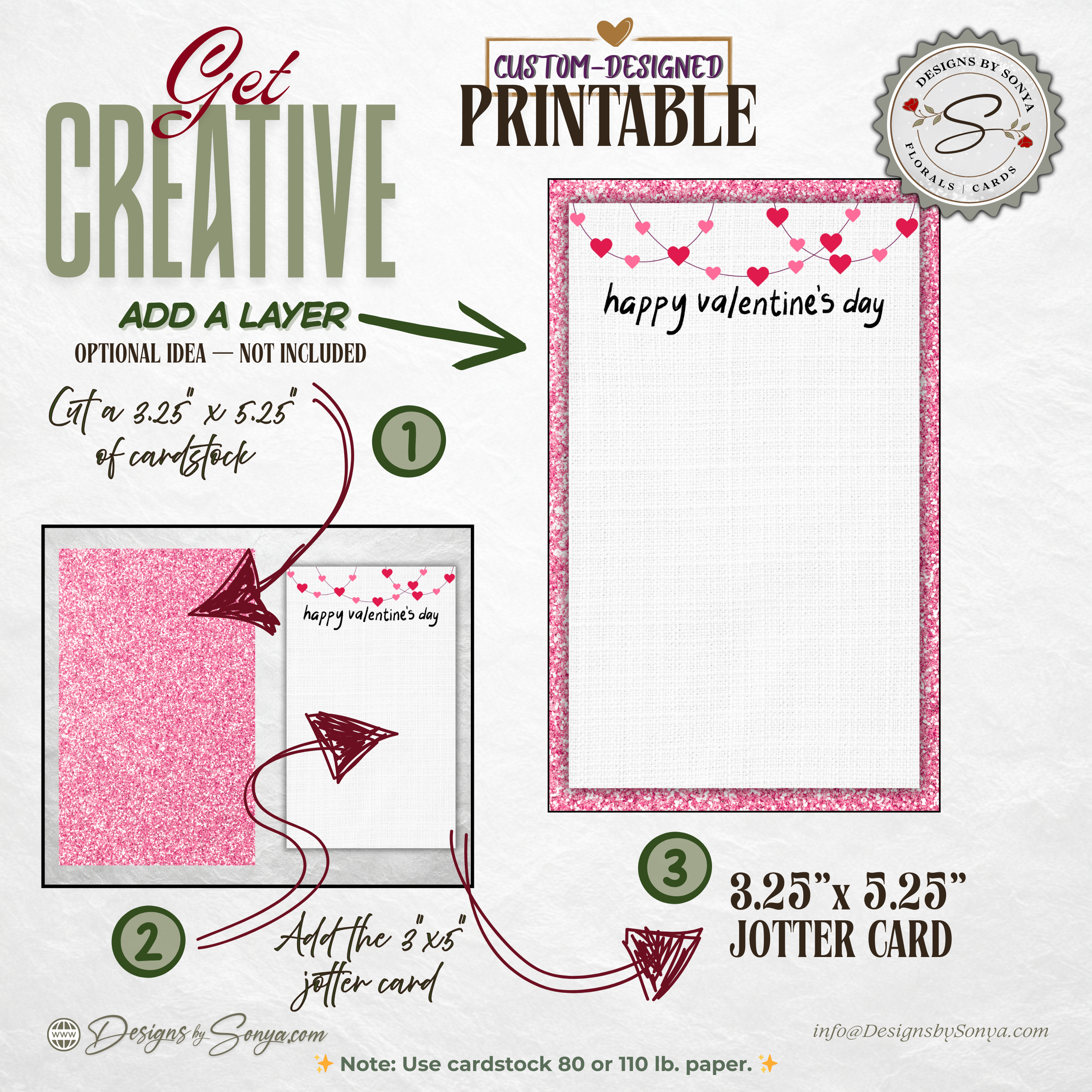 Set of 3 Valentine Thank You Card Printable – Happy Valentine’s Day 3 x 5 Jotter Card for Gift Enclosures, Small Gifts, and Thoughtful Notes