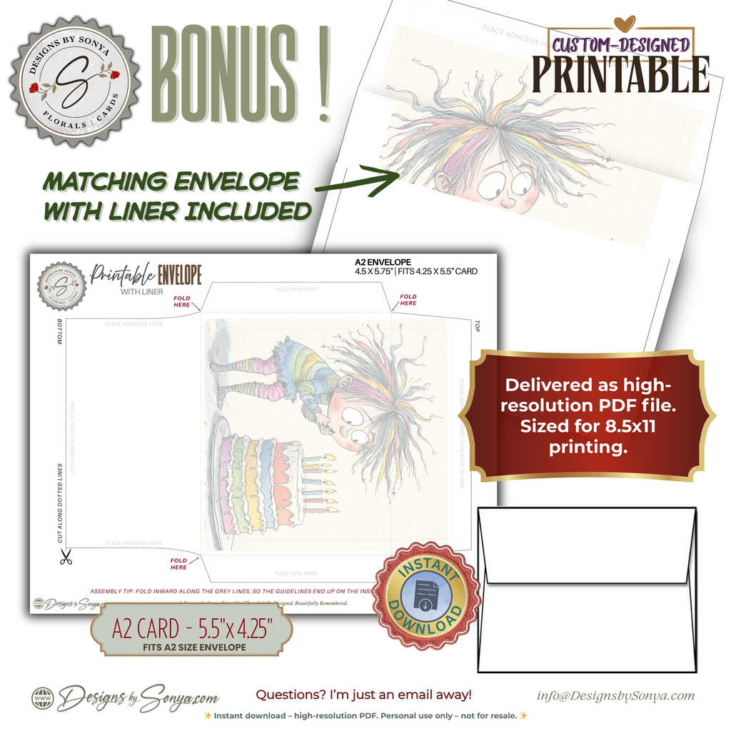 Whimsical Rainbow Birthday Printable A2 Card – Playful Watercolor Child with Cake – Instant Download Greeting Card 5.5 x 4.25