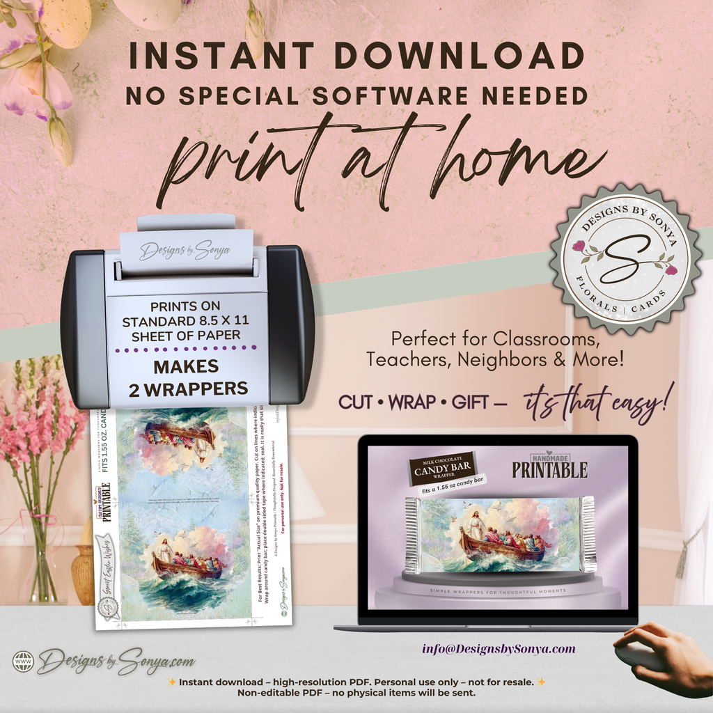 Jesus Calms the Storm Easter Candy Bar Wrapper Printable – Watercolor Disciples Boat Chocolate Wrap for 1.55 oz Bars – Religious Easter Basket Favor