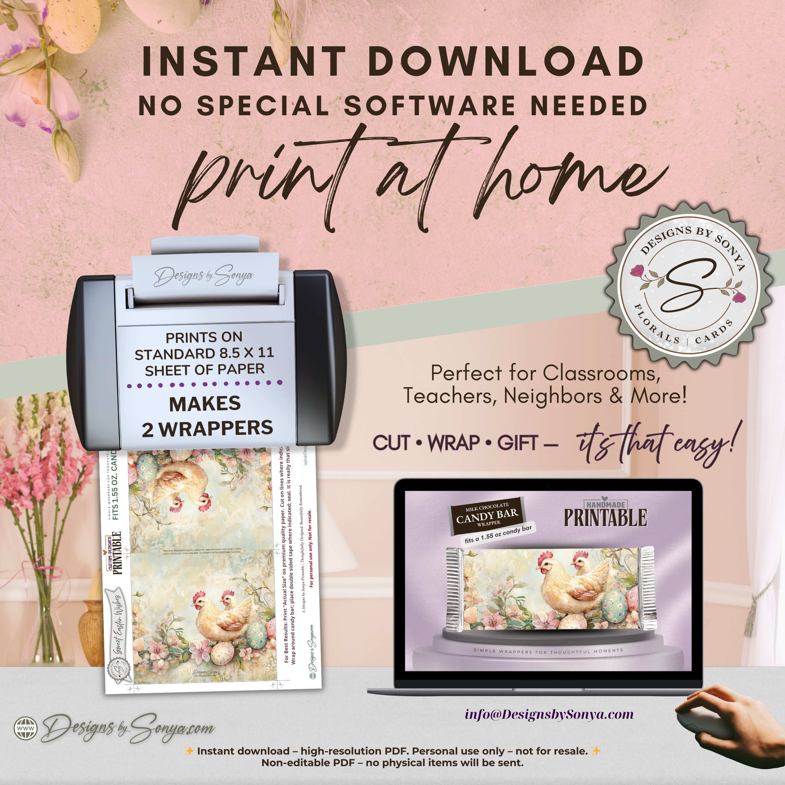 Farm Chicken Easter Candy Bar Wrapper Printable – Rustic Watercolor Happy Easter Chocolate Sleeve – Spring Party Favor Treats for Easter Baskets