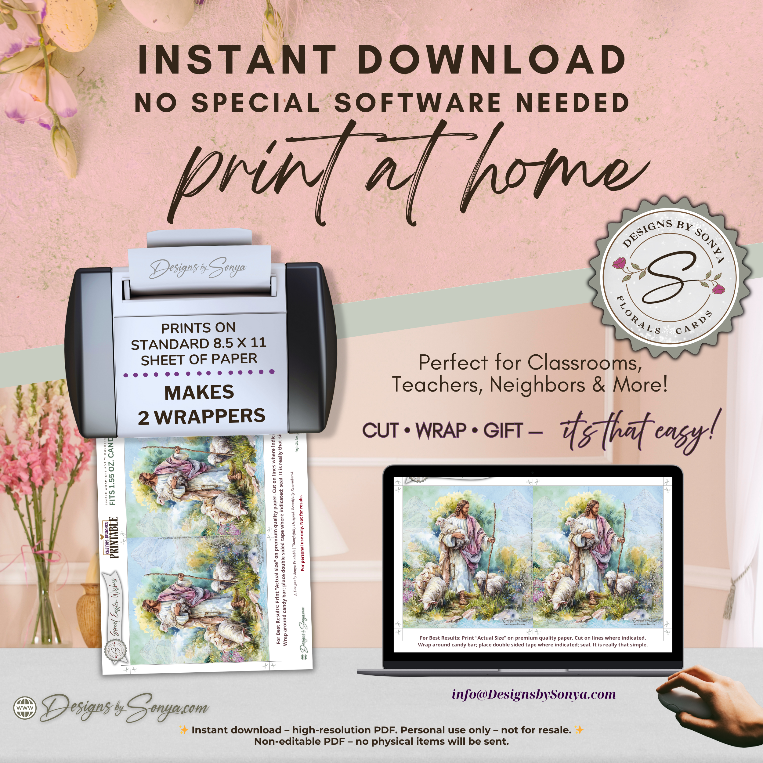 Good Shepherd Easter Candy Bar Wrapper Printable – Jesus with Lamb Watercolor Chocolate Wrap for 1.55 oz Bars – Religious Spring Basket Favor