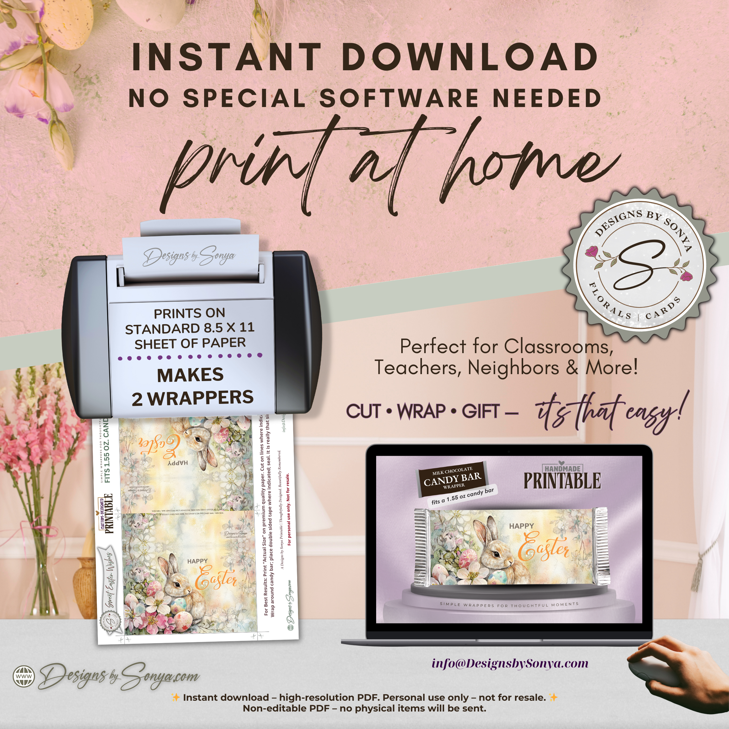 Easter Bunny Candy Bar Wrapper Printable – Watercolor Floral Happy Easter Chocolate Sleeve – Spring Party Favor for Kids Teachers Friends