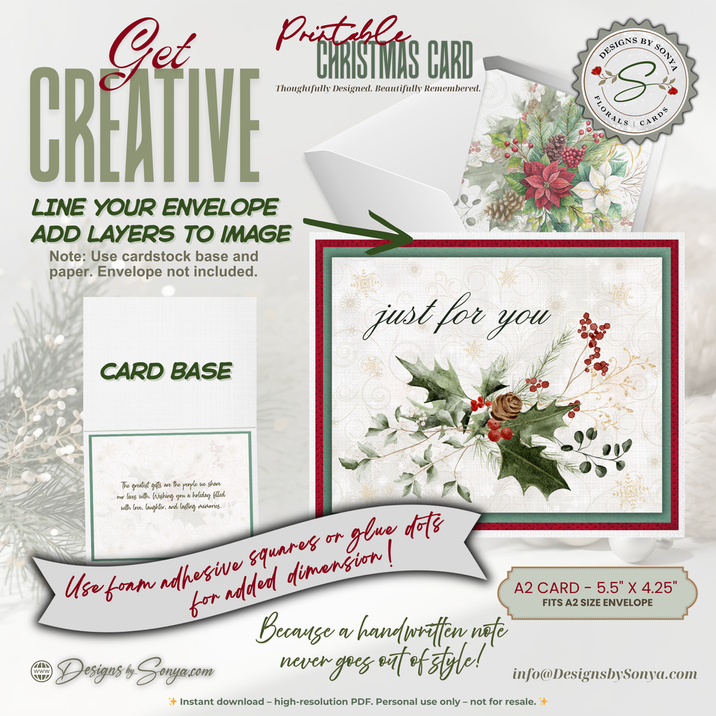 Printable Christmas Card • “Just for You” Watercolor Holly, Pine & Berries • A2 Folded (5.5" x 4.25") Holiday DIY Greeting Note Card