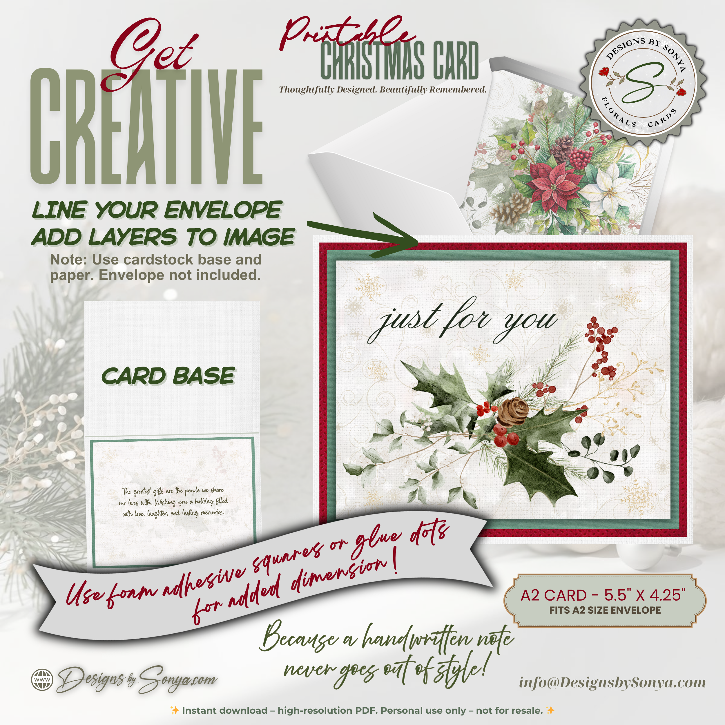 Printable Christmas Card • “Just for You” Watercolor Holly, Pine & Berries • A2 Folded (5.5" x 4.25") Holiday DIY Greeting Note Card