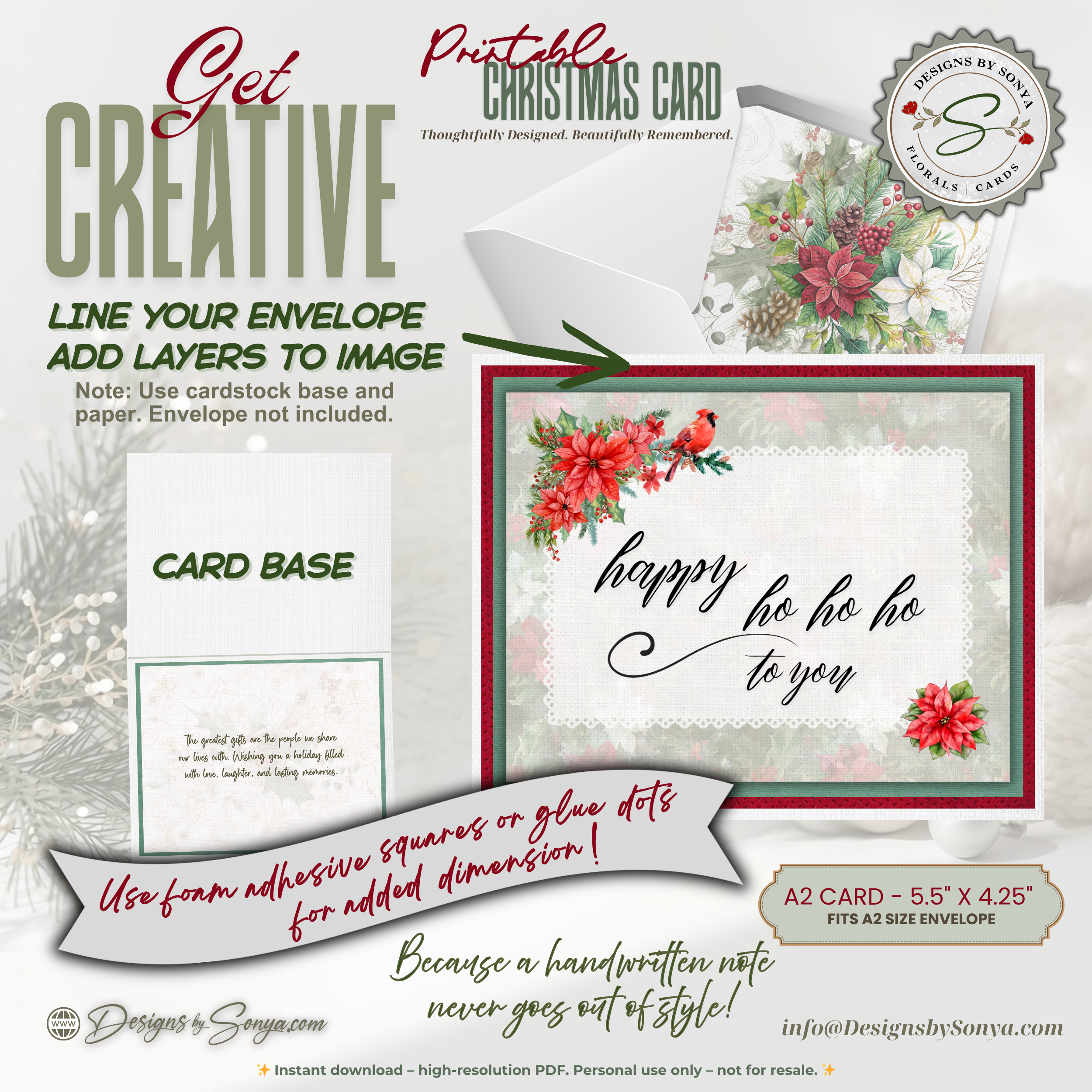 Printable Christmas Card • Watercolor Poinsettias with Cardinal • Happy Ho Ho Ho to You • A2 Holiday Note Card • Winter Floral Holiday Stationery