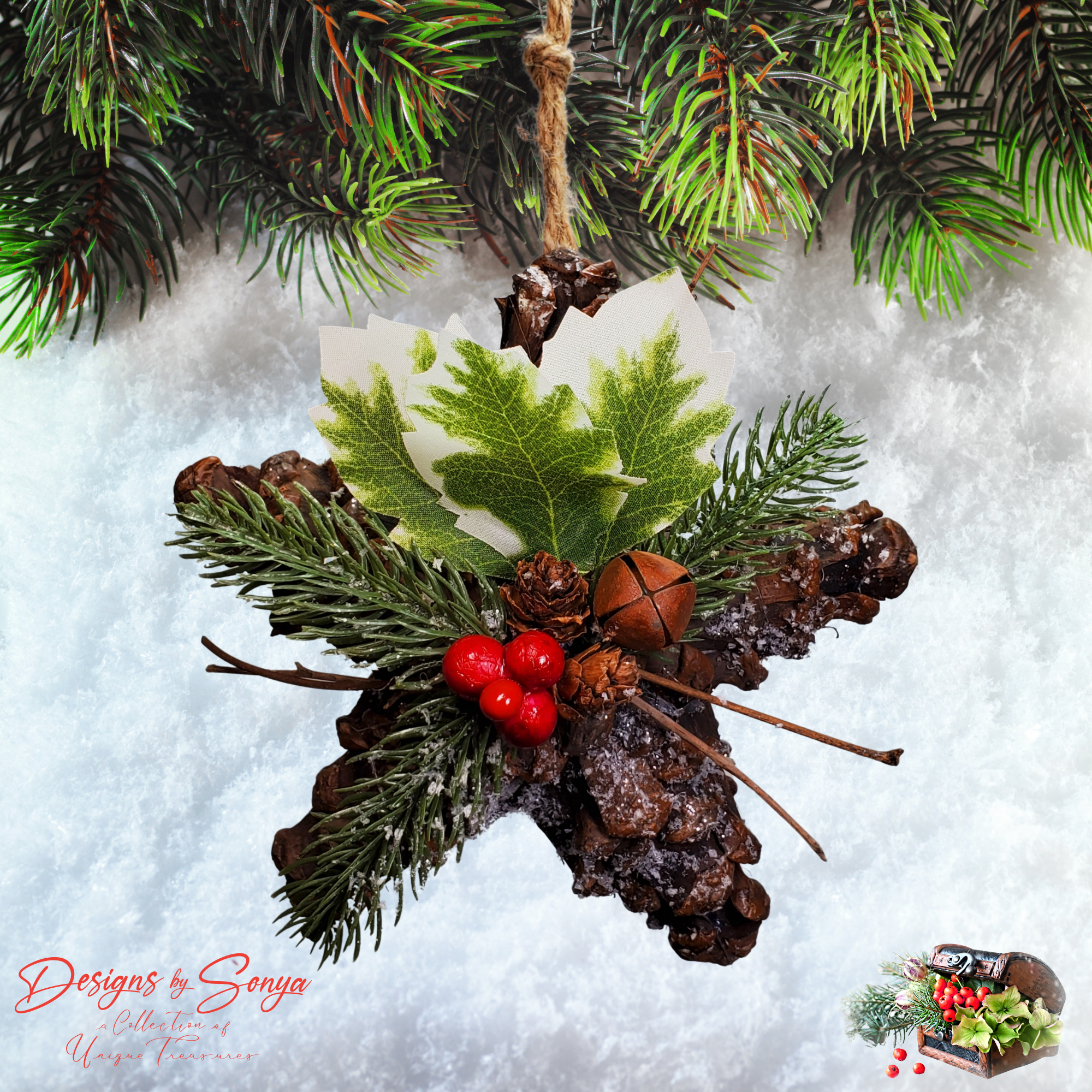 Pinecone Star Ornament in Winter Scene
Farmhouse pinecone star Christmas ornament decorated with holly leaves, berries, pine sprigs, and rustic bell in snowy holiday setting.