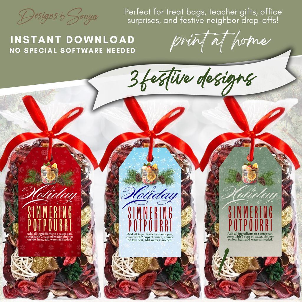 Three Festive Potpourri Tag Designs
Set of three holiday simmering potpourri tags in red, blue, and green on packaged holiday gifts. Perfect printable for treat bags, office surprises, and small business holiday packaging.