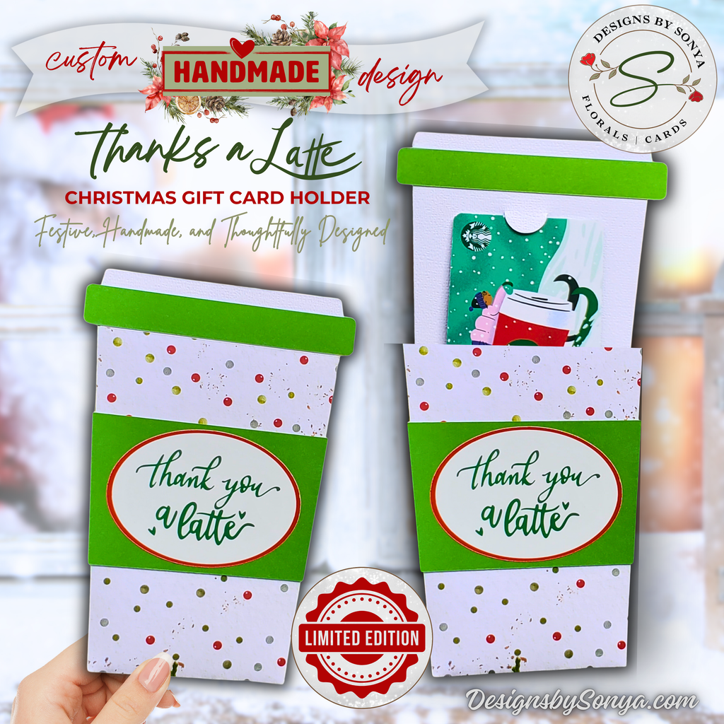Handmade Christmas Gift Card Holder | Thank You a Latte Coffee Cup Gift Card Holder for Teachers & Coworkers | Festive Polka Dot Design