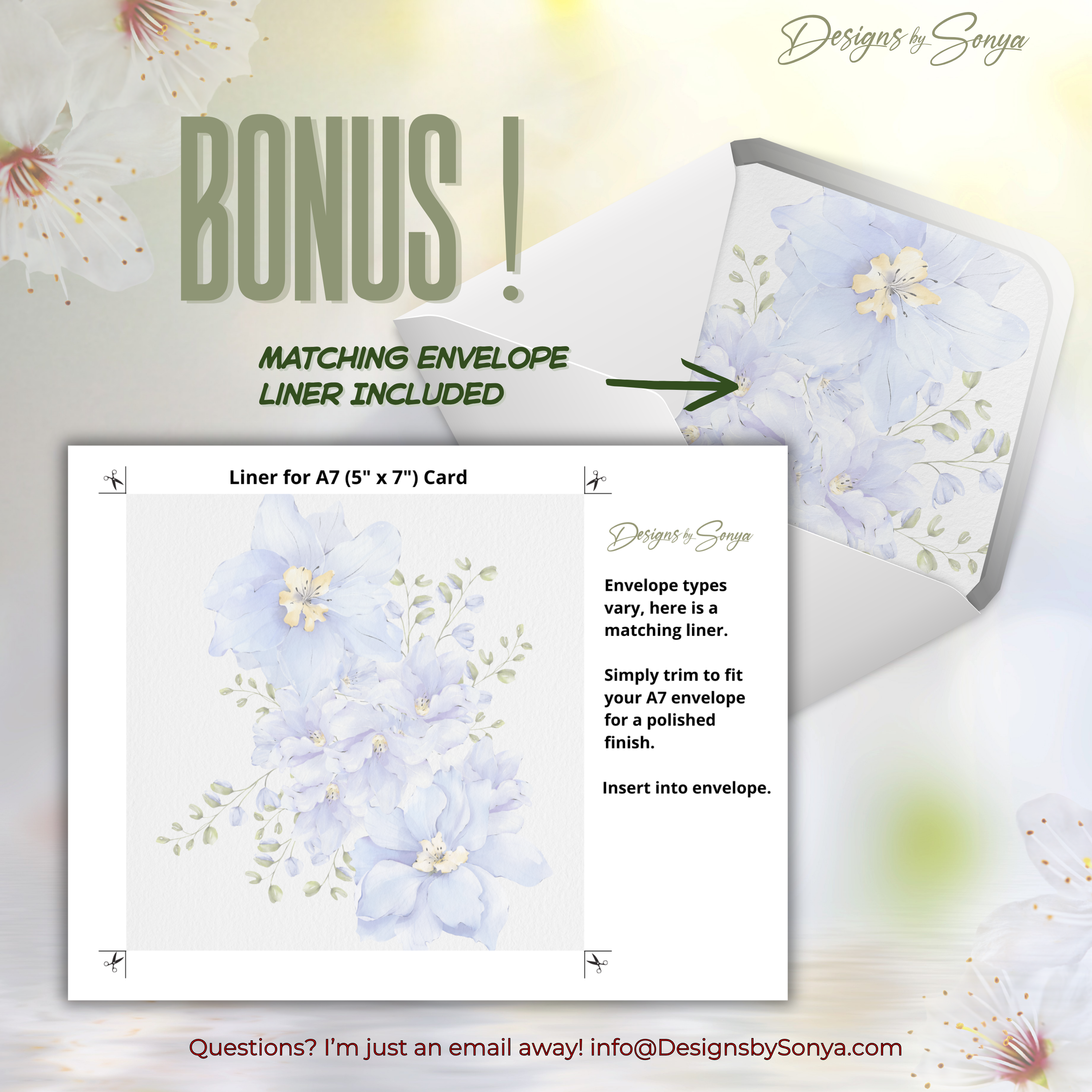 Bonus Matching Envelope Liner
Download includes a coordinating watercolor blue-floral liner sized for A7 envelopes; trim to fit for a polished presentation.