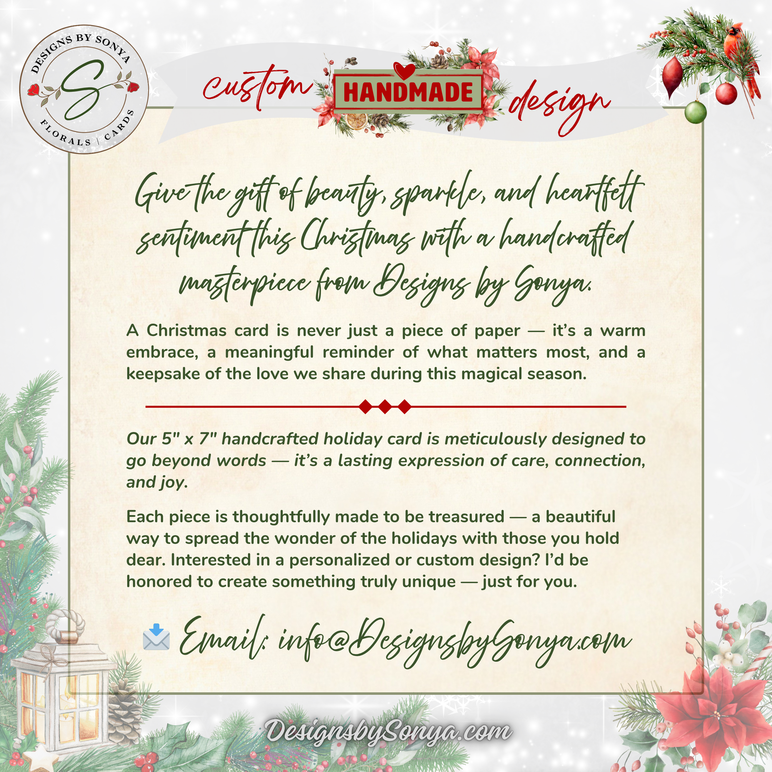 Handcrafted Red Base Merry Christmas Card – Green Glitter Holly Design, Holiday Greeting Message, Limited Edition Keepsake