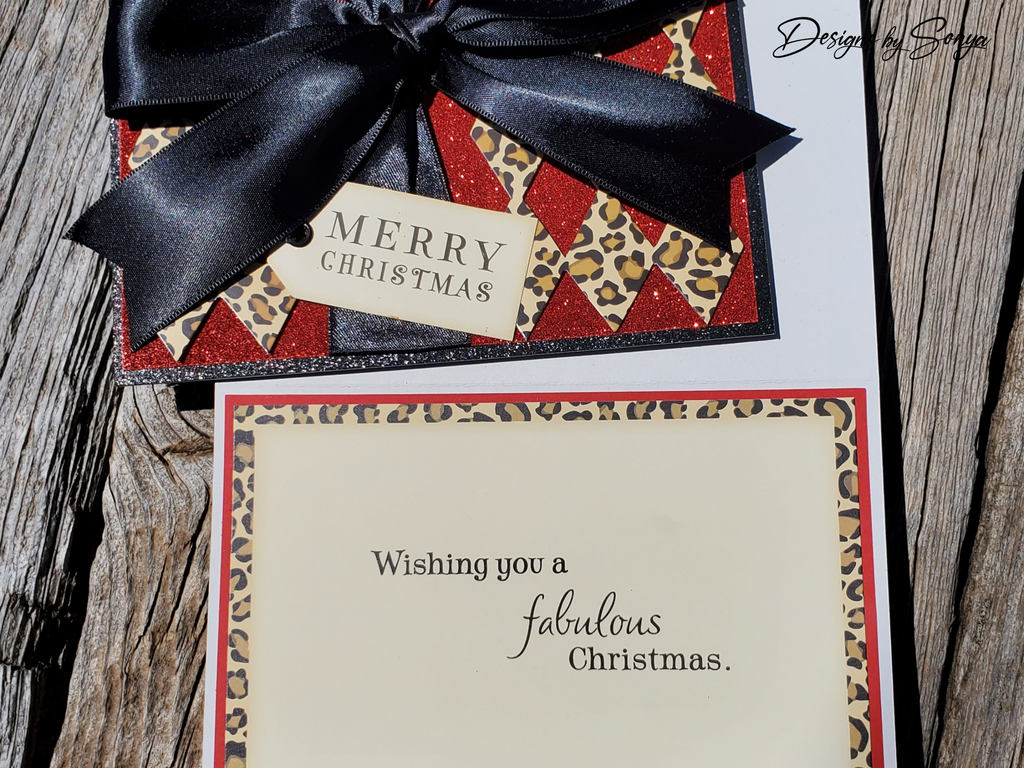 Handcrafted Merry Christmas Card with Red Glitter, Leopard Print, and Black Satin Bow | A2 Holiday Greeting Card, Unique and Elegant Design