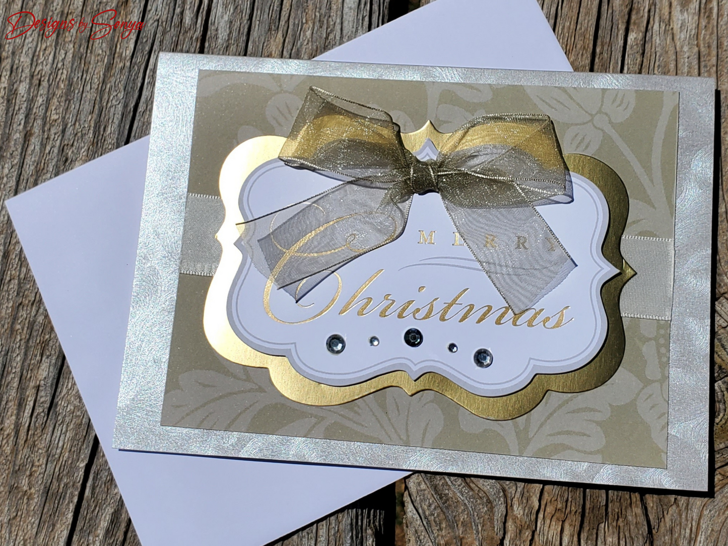 LIMITED EDITION | Elegant Handmade Merry Christmas Card | Luxury Holiday Greeting Gold Accents, Sheer Ribbon Bow, Rhinestones, Unique Design