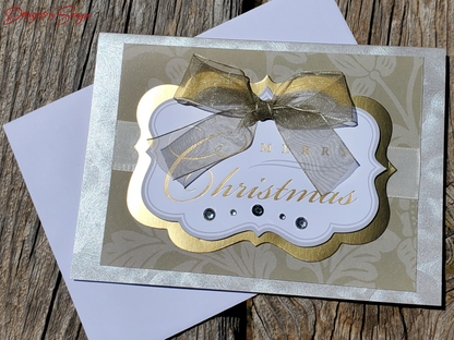 LIMITED EDITION | Elegant Handmade Merry Christmas Card | Luxury Holiday Greeting Gold Accents, Sheer Ribbon Bow, Rhinestones, Unique Design